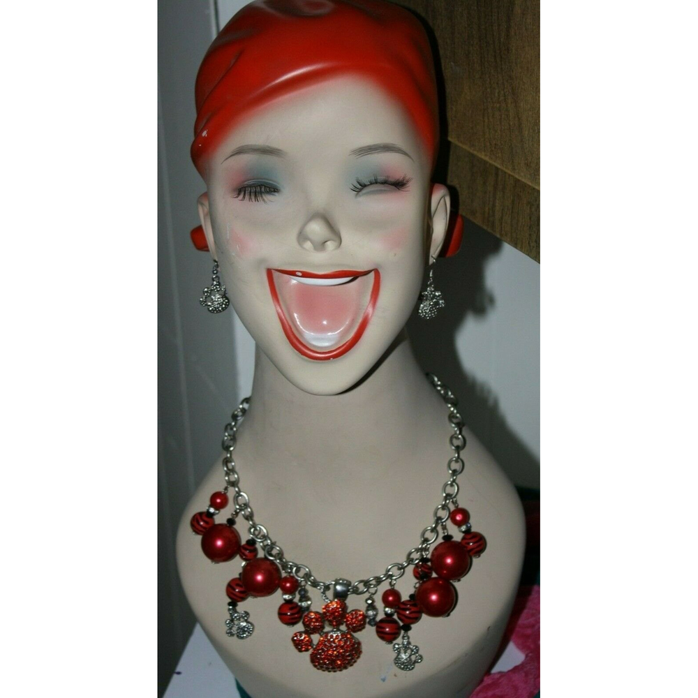 WOMENS MAROON BEADED & RHINESTONE PAW NECKLACE/EARRING SET LADIES NEW JUNIORS